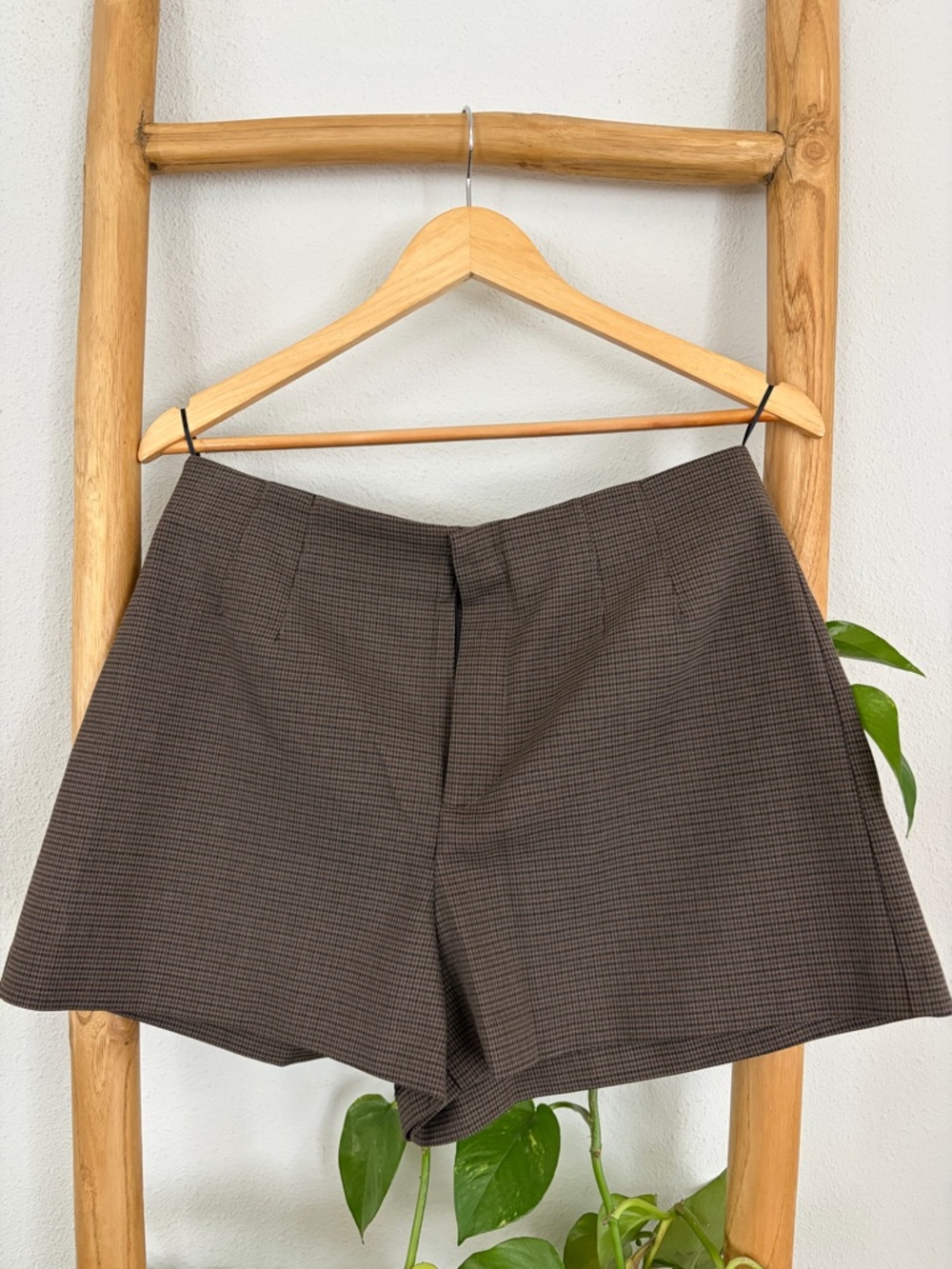 Zara Brown Micro-Check High-Waist Women's Shorts